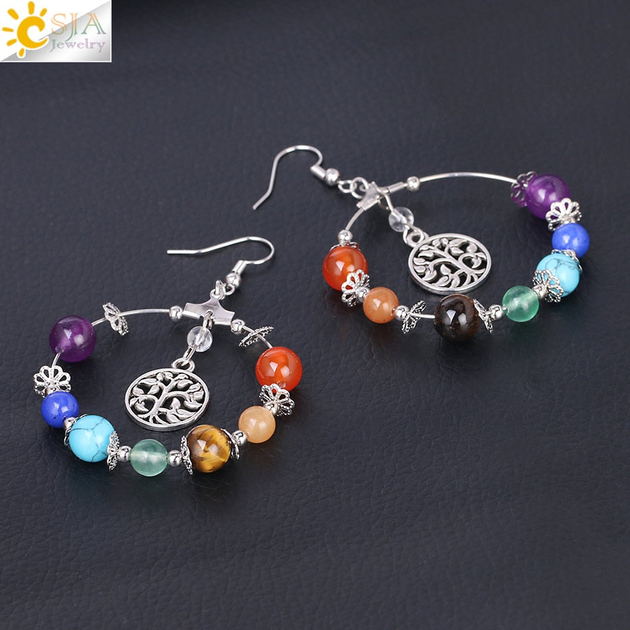 7 Chakra Tree of Life Women Drop Earrings Natural Round Gem Stone