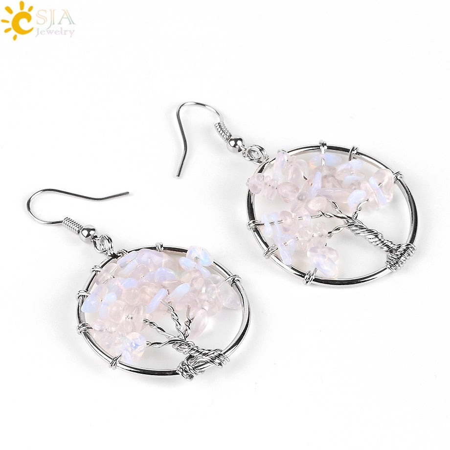 Tree of Life Women Drop Earrings Round Natural Chip Gem Stone