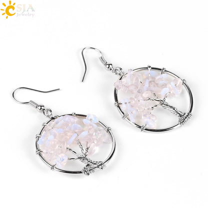 Tree of Life Women Drop Earrings Round Natural Chip Gem Stone - Hiccupzz