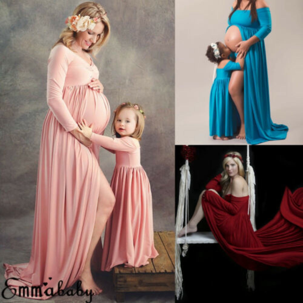 Photography Prop Pregnant Women Maxi Dress Gown Maternity Mother Daughter Match