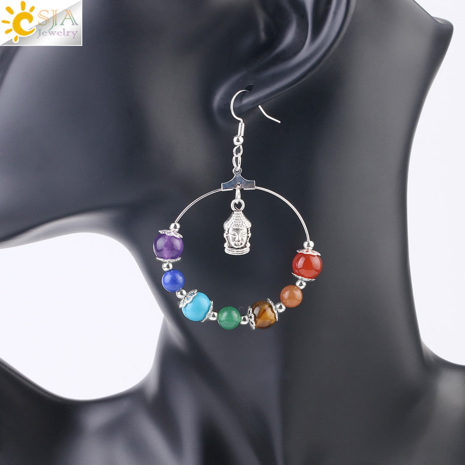 7 Chakra Tree of Life Women Drop Earrings Natural Round Gem Stone