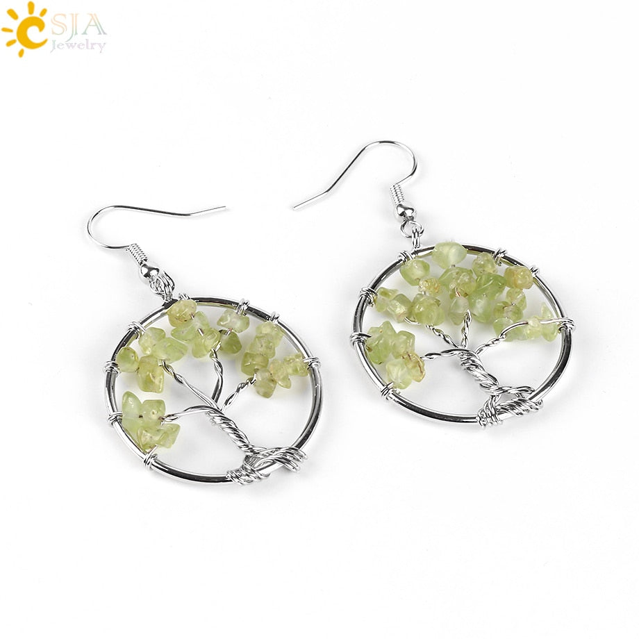 Tree of Life Women Drop Earrings Round Natural Chip Gem Stone