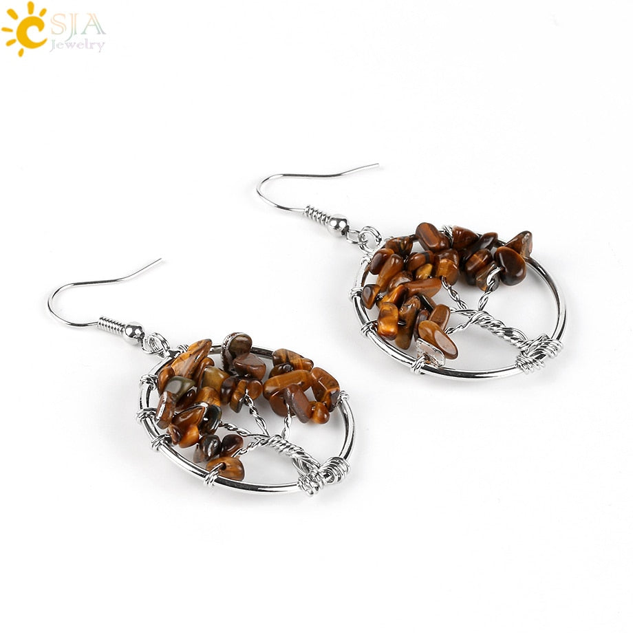 Tree of Life Women Drop Earrings Round Natural Chip Gem Stone