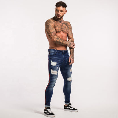 Best Sales Red Side Striped Blue Ripped Biker Pants Denim Custom Men Jeans - Hiccupzz