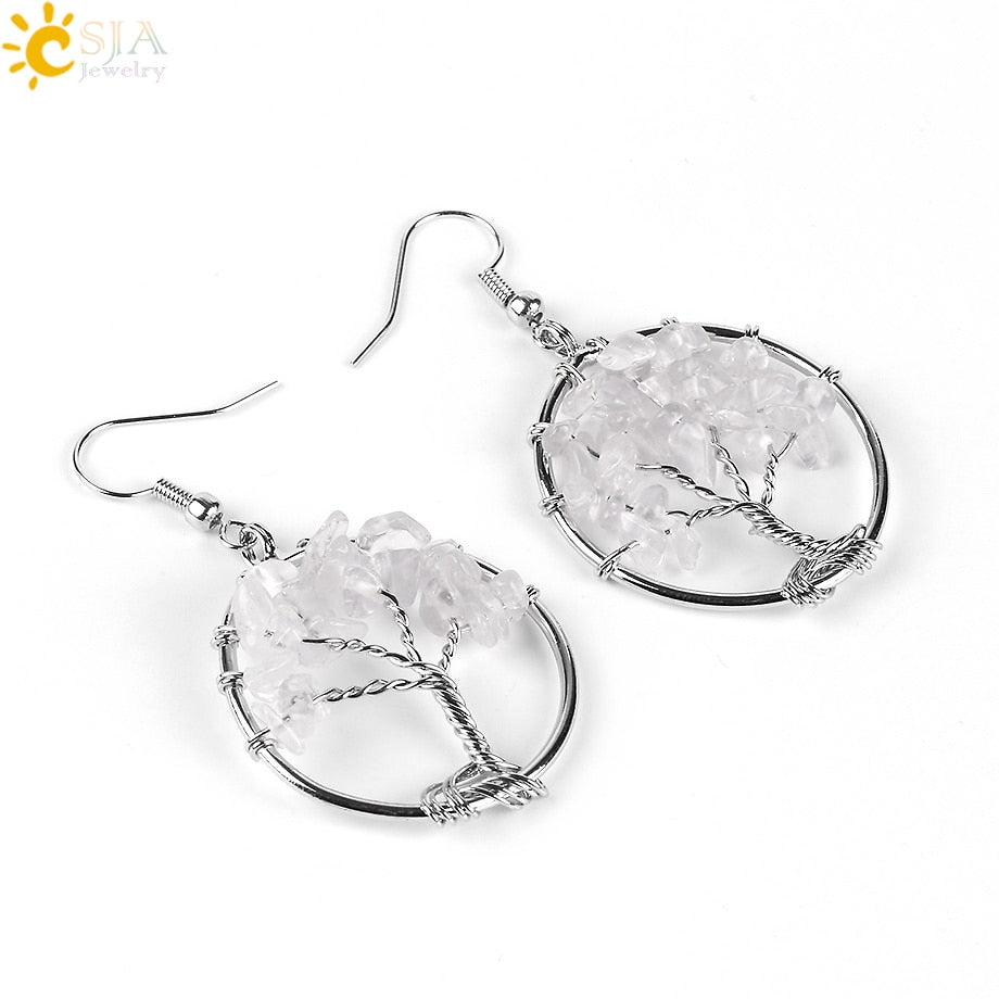 Tree of Life Women Drop Earrings Round Natural Chip Gem Stone