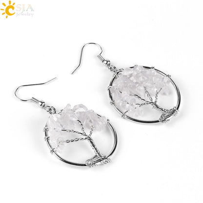 Tree of Life Women Drop Earrings Round Natural Chip Gem Stone - Hiccupzz