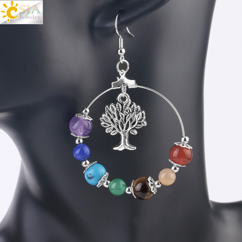 7 Chakra Tree of Life Women Drop Earrings Natural Round Gem Stone