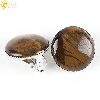 Women Girl Summer Jewelry Round Natural Stone Bead Clip on Earrings - Hiccupzz