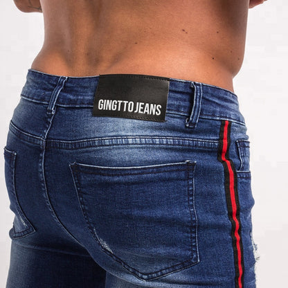 Best Sales Red Side Striped Blue Ripped Biker Pants Denim Custom Men Jeans - Hiccupzz
