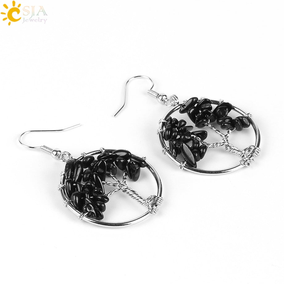 Tree of Life Women Drop Earrings Round Natural Chip Gem Stone