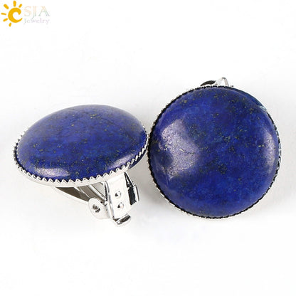 Women Girl Summer Jewelry Round Natural Stone Bead Clip on Earrings - Hiccupzz