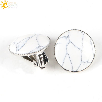 Women Girl Summer Jewelry Round Natural Stone Bead Clip on Earrings - Hiccupzz