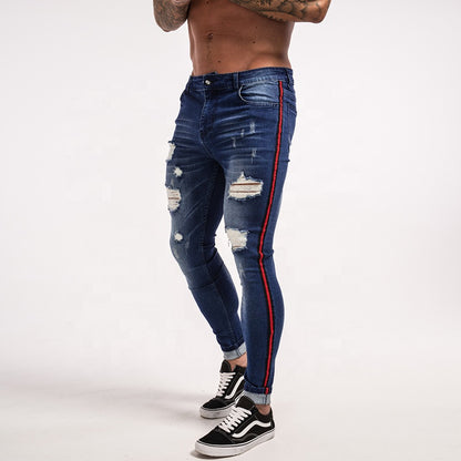 Best Sales Red Side Striped Blue Ripped Biker Pants Denim Custom Men Jeans - Hiccupzz