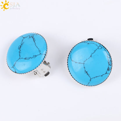 Women Girl Summer Jewelry Round Natural Stone Bead Clip on Earrings - Hiccupzz