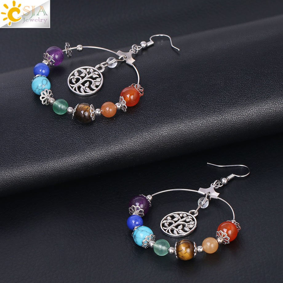 7 Chakra Tree of Life Women Drop Earrings Natural Round Gem Stone