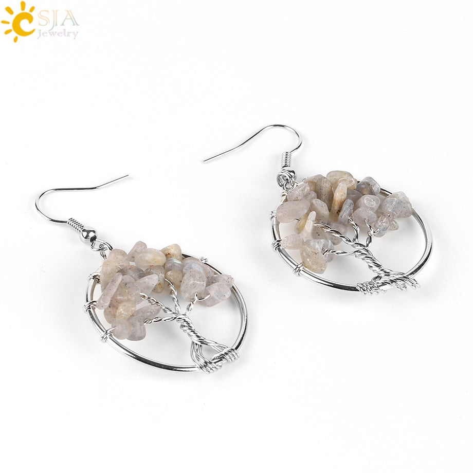 Tree of Life Women Drop Earrings Round Natural Chip Gem Stone