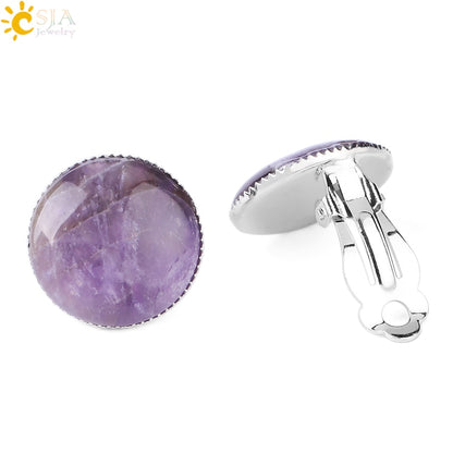 Women Girl Summer Jewelry Round Natural Stone Bead Clip on Earrings - Hiccupzz