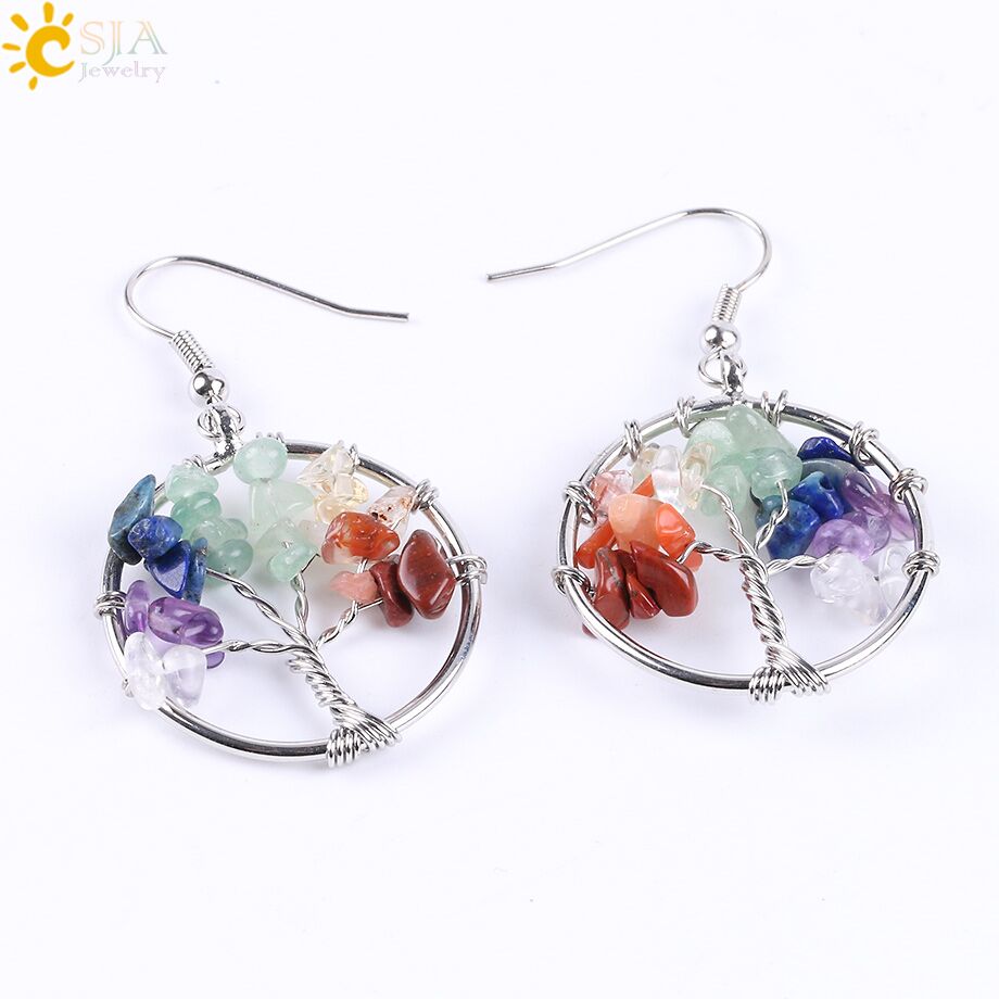 Tree of Life Women Drop Earrings Round Natural Chip Gem Stone