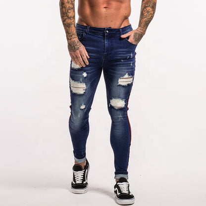 Best Sales Red Side Striped Blue Ripped Biker Pants Denim Custom Men Jeans - Hiccupzz