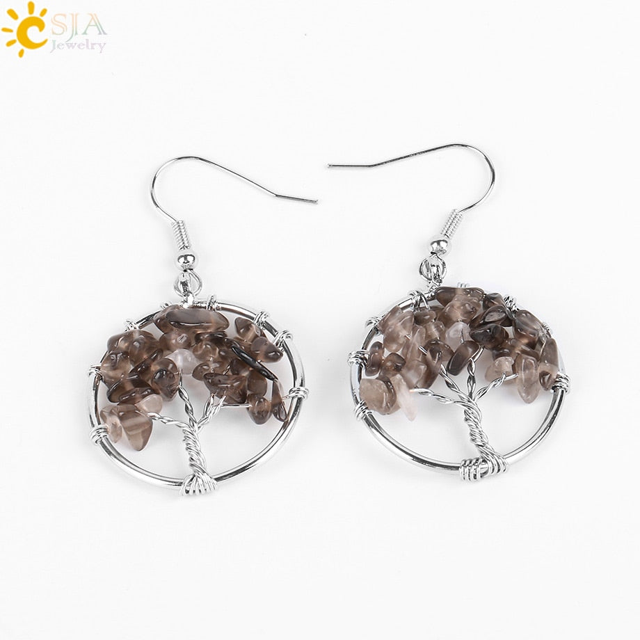 Tree of Life Women Drop Earrings Round Natural Chip Gem Stone