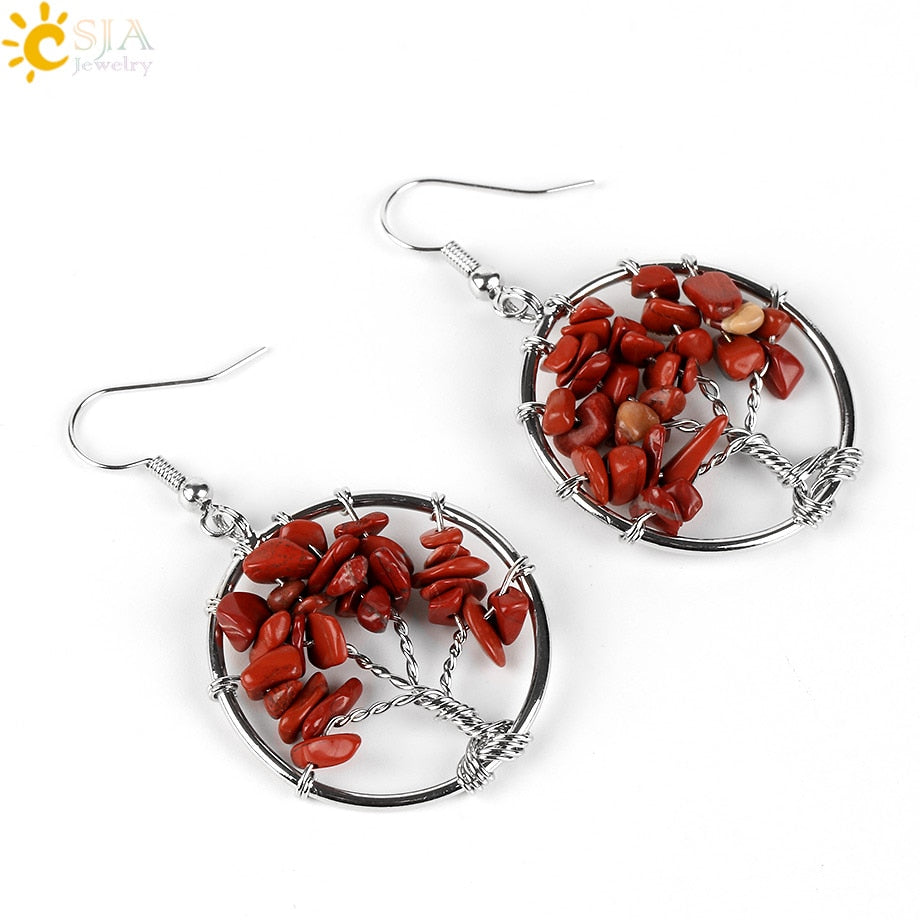 Tree of Life Women Drop Earrings Round Natural Chip Gem Stone