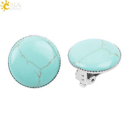 Women Girl Summer Jewelry Round Natural Stone Bead Clip on Earrings - Hiccupzz