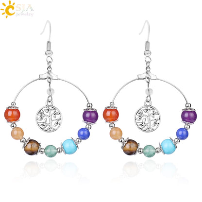7 Chakra Tree of Life Women Drop Earrings Natural Round Gem Stone - Hiccupzz