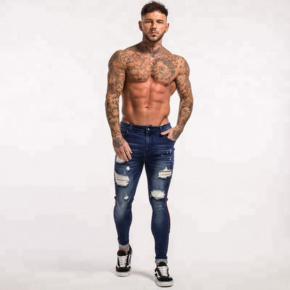 Best Sales Red Side Striped Blue Ripped Biker Pants Denim Custom Men Jeans - Hiccupzz