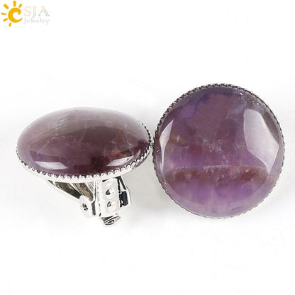 Women Girl Summer Jewelry Round Natural Stone Bead Clip on Earrings - Hiccupzz