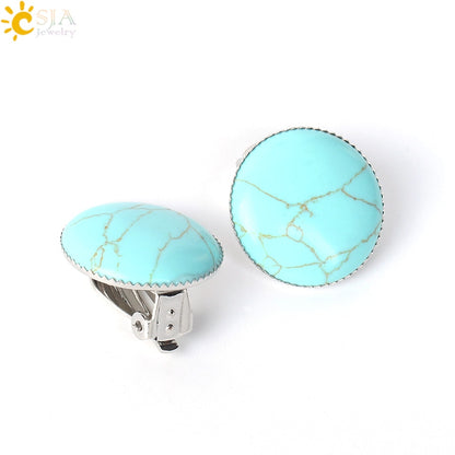 Women Girl Summer Jewelry Round Natural Stone Bead Clip on Earrings - Hiccupzz