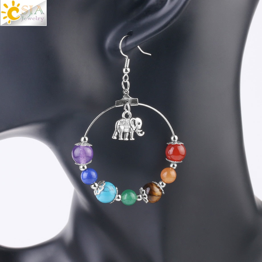 7 Chakra Tree of Life Women Drop Earrings Natural Round Gem Stone