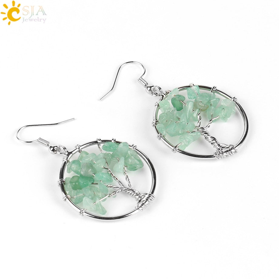 Tree of Life Women Drop Earrings Round Natural Chip Gem Stone