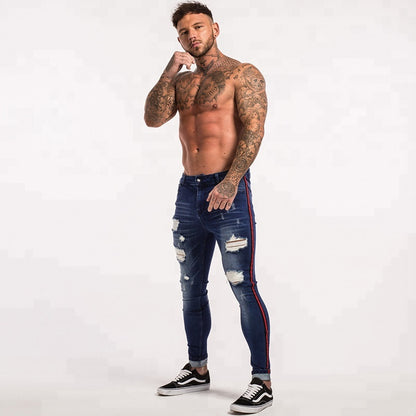 Best Sales Red Side Striped Blue Ripped Biker Pants Denim Custom Men Jeans - Hiccupzz