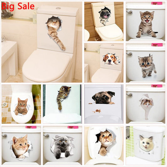 3d Hole Cat Dog Animal Toilet Kitten and Puppy's Stickers