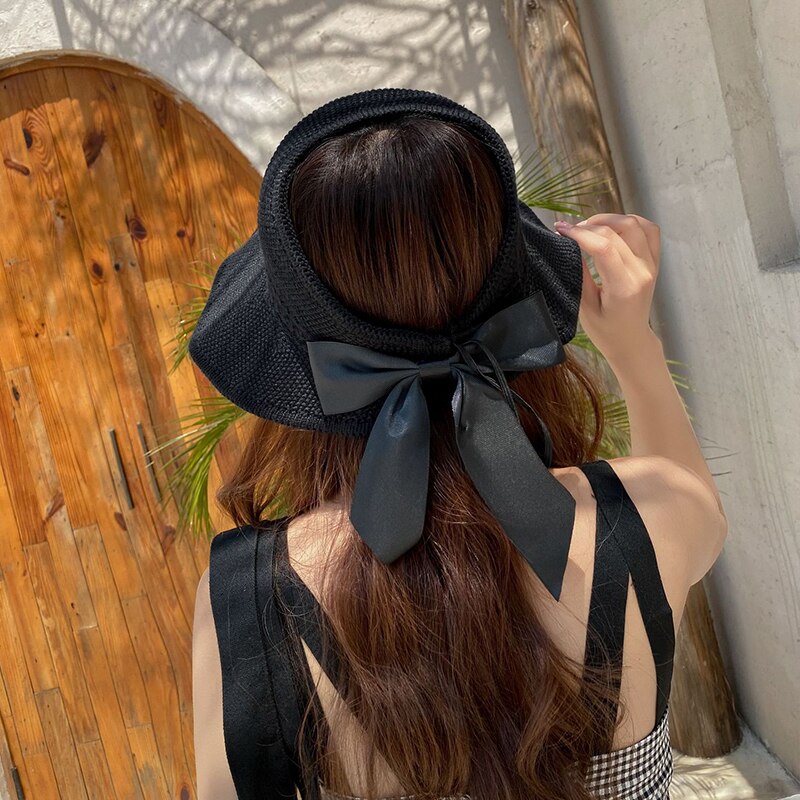 Summer Wide Brim Straw Hat Women Empty Top Ribbon Bowknot Sun Hats Female Elegant Foldable Soft Outdoor Travel Beach Tour Caps