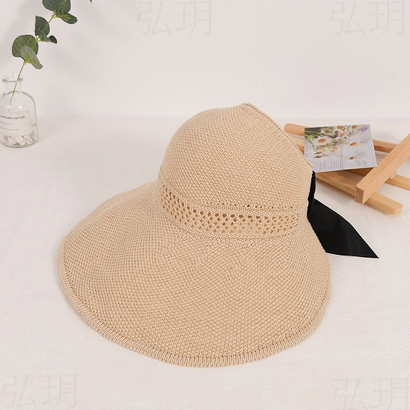 Summer Wide Brim Straw Hat Women Empty Top Ribbon Bowknot Sun Hats Female Elegant Foldable Soft Outdoor Travel Beach Tour Caps