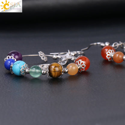 7 Chakra Tree of Life Women Drop Earrings Natural Round Gem Stone - Hiccupzz