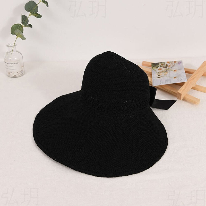 Summer Wide Brim Straw Hat Women Empty Top Ribbon Bowknot Sun Hats Female Elegant Foldable Soft Outdoor Travel Beach Tour Caps