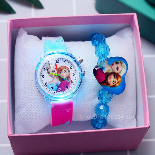 Cartoon Flash Light Girls Watches with Bracelet Silicone Strap