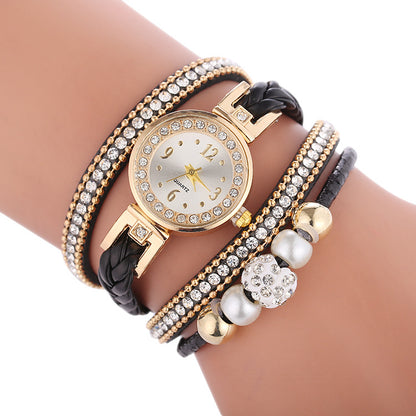 Leather bracelet Quartz luxury winding diamond wristwatch for women - Hiccupzz