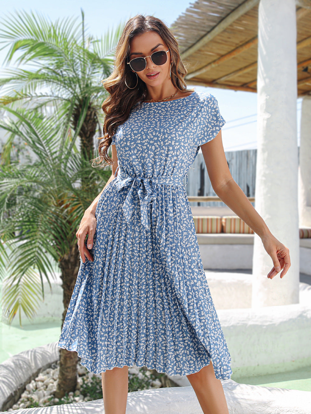 Spring And Summer New Casual Short Sleeve Floral Tie-neck Dress Pleated Skirt - Hiccupzz