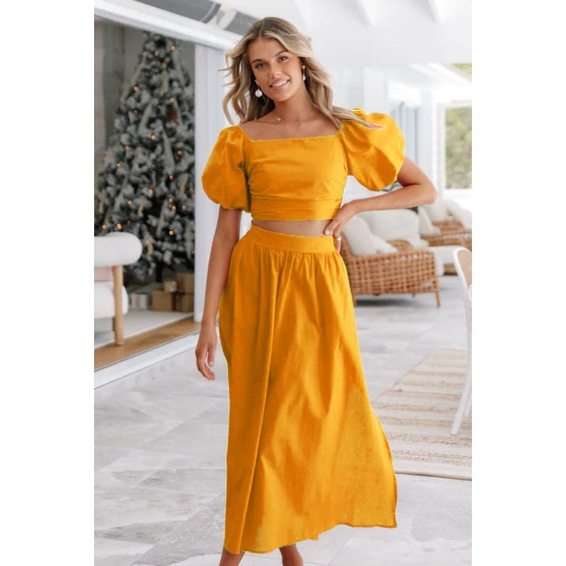 Spring Summer New Lantern Sleeve Square Collar Top Split Dress Two-piece Set