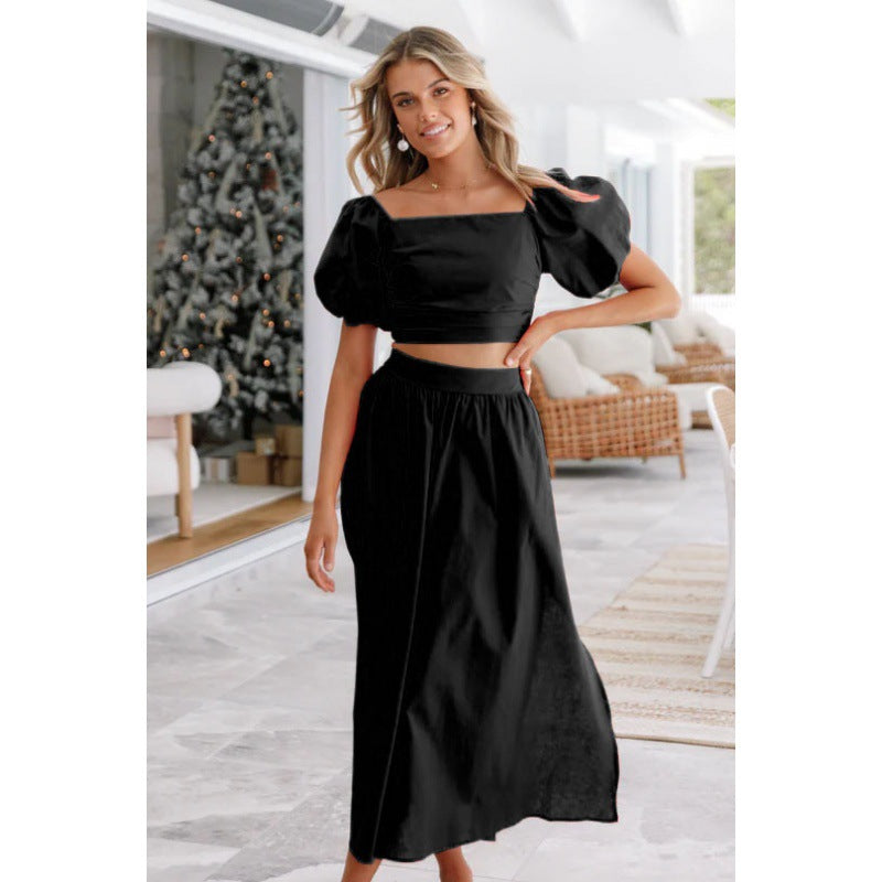 Spring Summer New Lantern Sleeve Square Collar Top Split Dress Two-piece Set