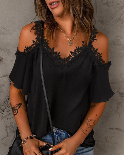 New V-neck Stitching Women's Short Sleeve Lace Loose Camisole - Hiccupzz