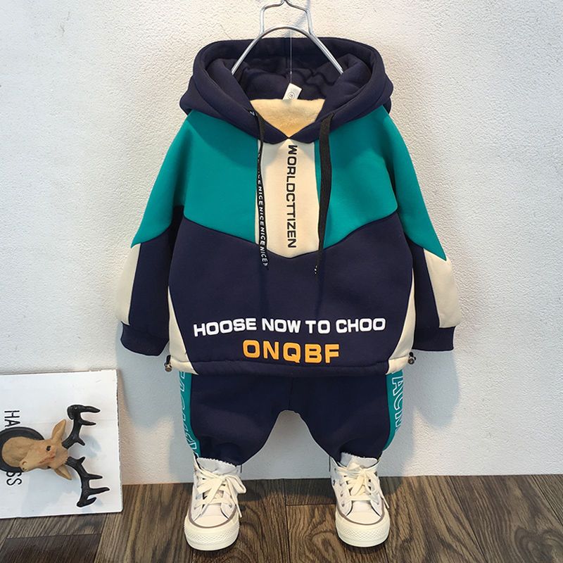 Boys Spring and Autumn Fleece-Lined Suit Children 2023 New Fashion Baby Boys Thickened Two-Piece Suit