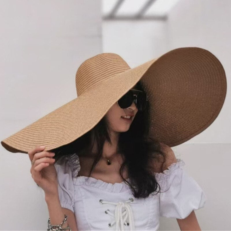 Simple Large Foldable 25cm Wide Brim Floppy Straw Hat For Women Girl Uv Protection Sun Hat Female Holiday Beach Panama Shade Cap