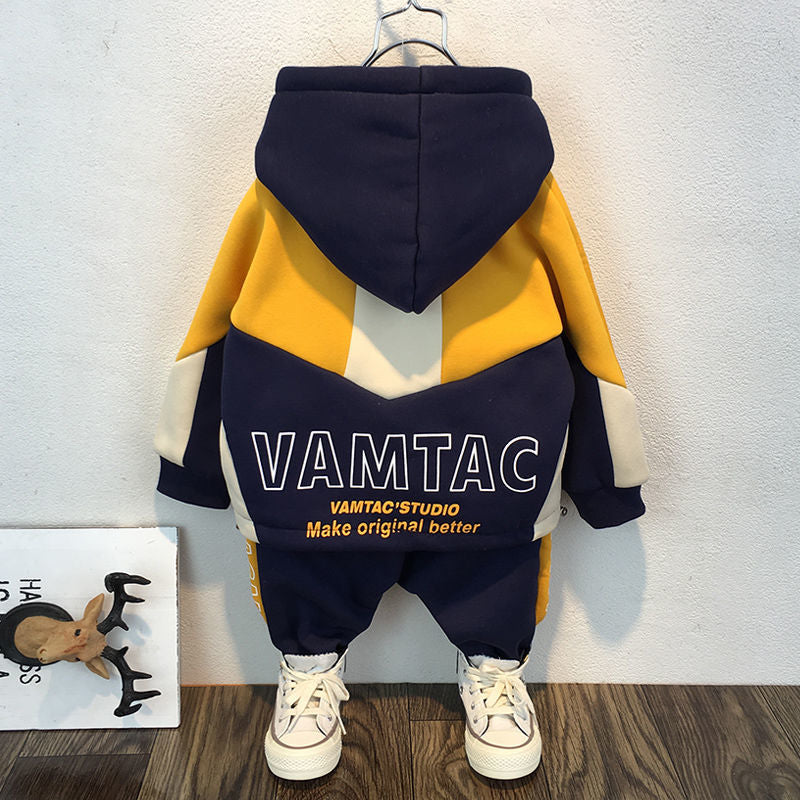 Boys Spring and Autumn Fleece-Lined Suit Children 2023 New Fashion Baby Boys Thickened Two-Piece Suit