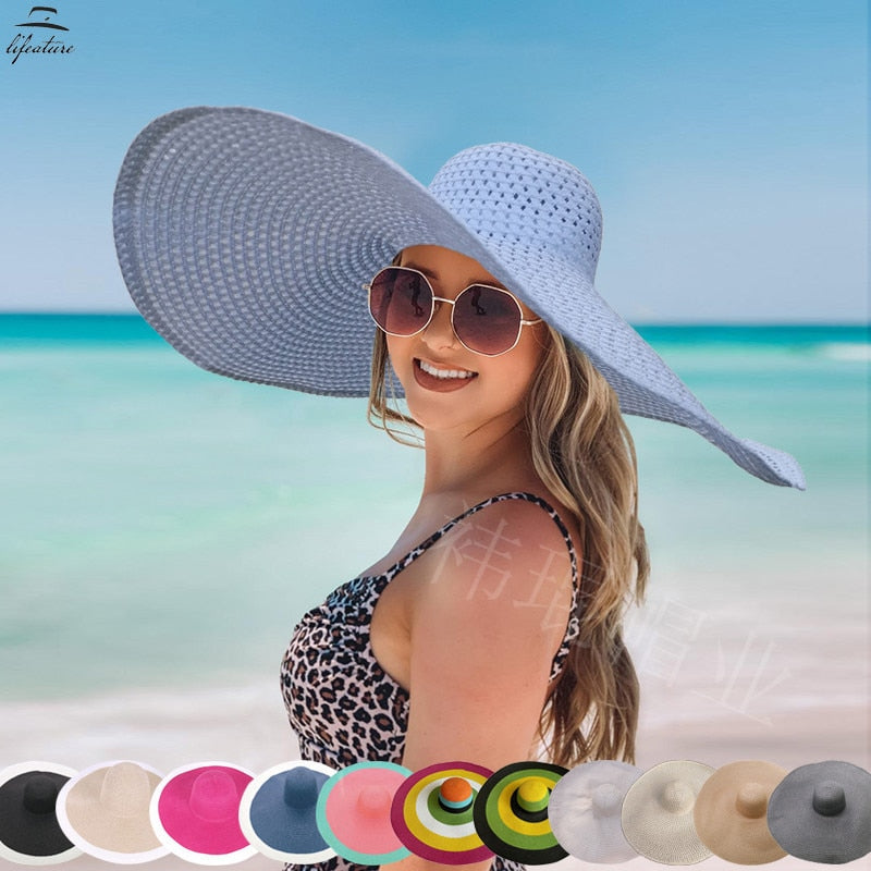 70cm Oversized  Wide Brim Sun Hat Travel  Large UV Protection Beach Straw Hats Women Summer Floppy Foldable Chapeaux Wholesale