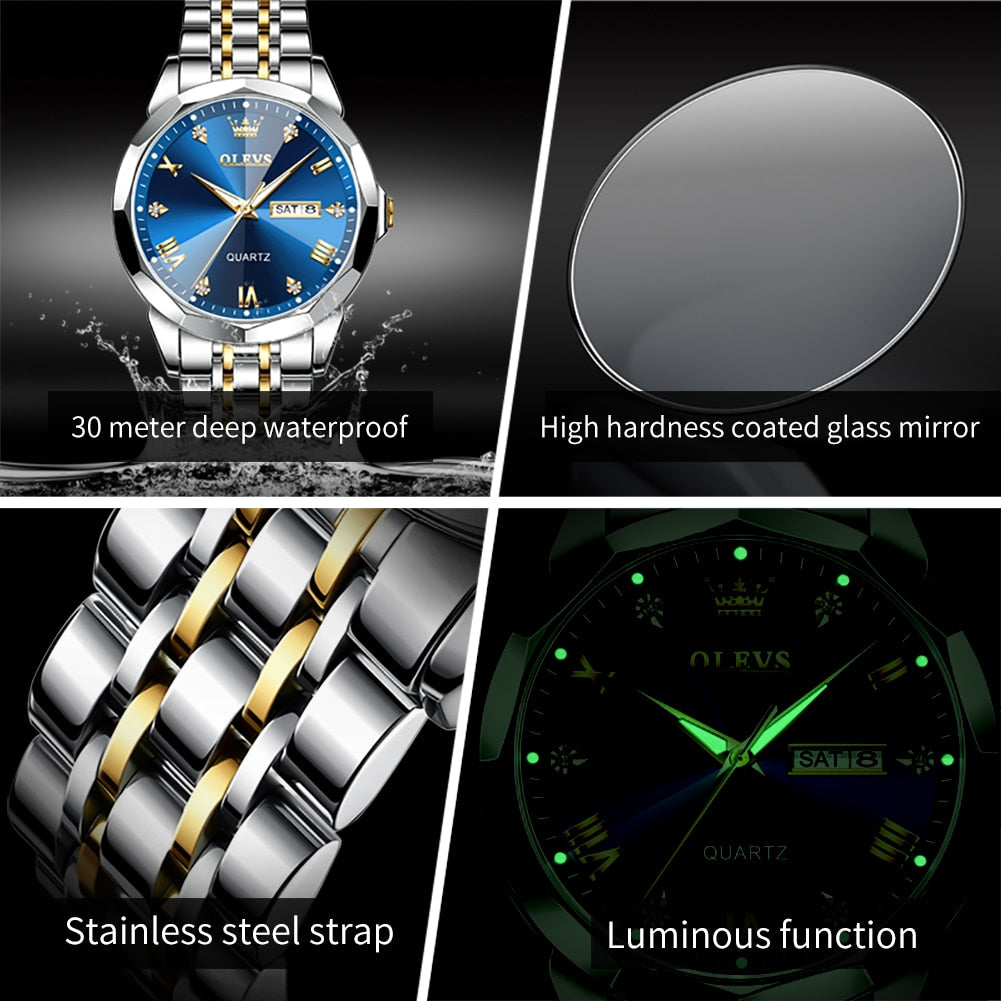 Top Brand Rhombus Mirror Luminous Waterproof  Wristwatch for Men