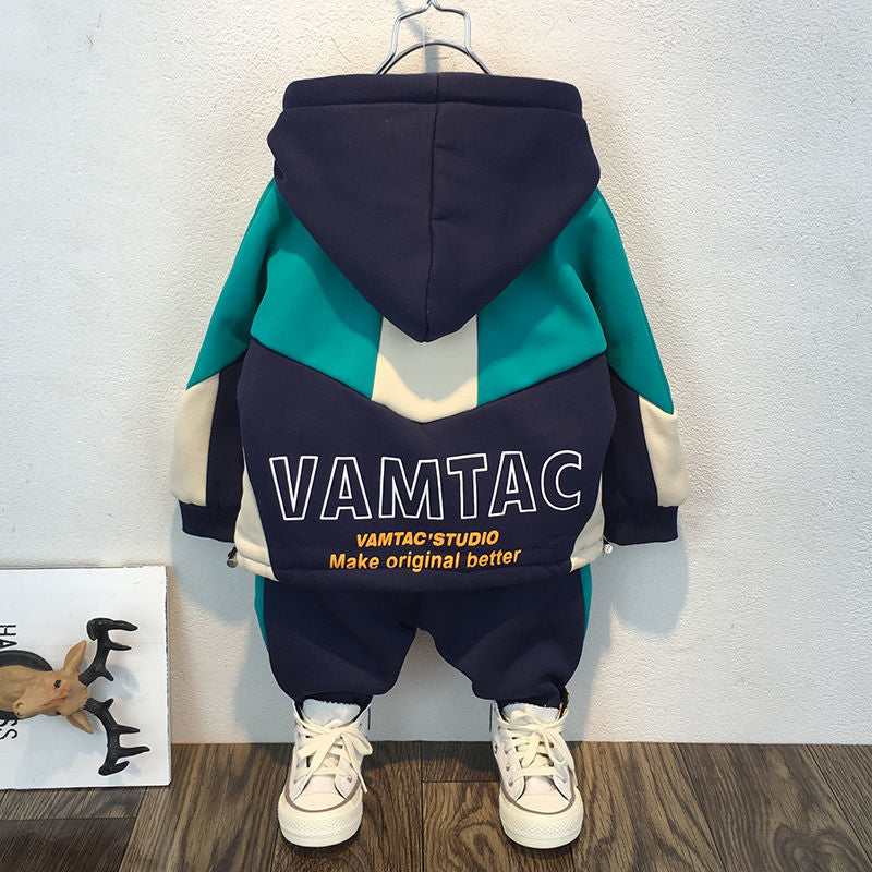 Boys Spring and Autumn Fleece-Lined Suit Children 2023 New Fashion Baby Boys Thickened Two-Piece Suit